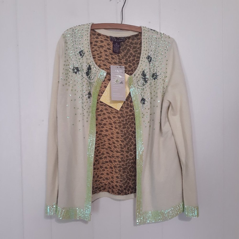 NEW ARTISTICA - Green Lambs WOOL JACKET TOP WITH EMBROIDERY & BEADING Medium NWT